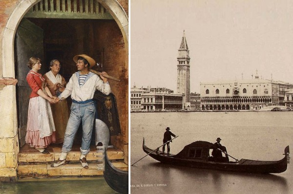 Departure of the Gondoliers. Painting by Gustav Holweg-Glantschnigg 1882 | Venice. Panorama taken from the Island of St. George and a gondola. Photo by Carlo Naya (1800s.