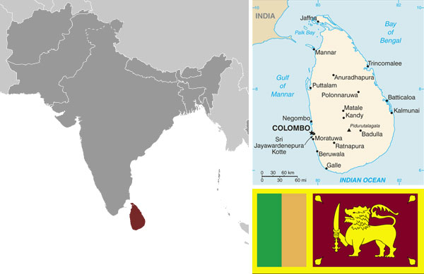 Maps and flag of Sri Lanka, courtesy of CIA World Factbook.