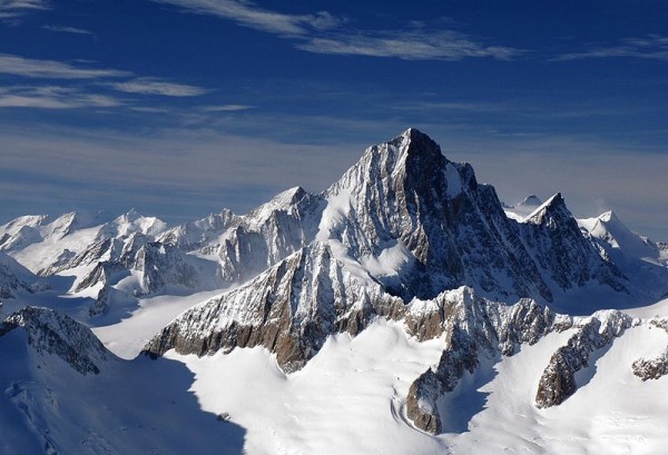 Finsteraarhorn peak (4275m) in the Swiss Alps. Photo by Tom Bärfuss.