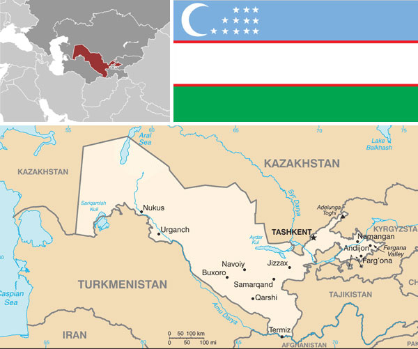 Maps & flag of Uzbekistan, courtesy of the CIA World Factbook.