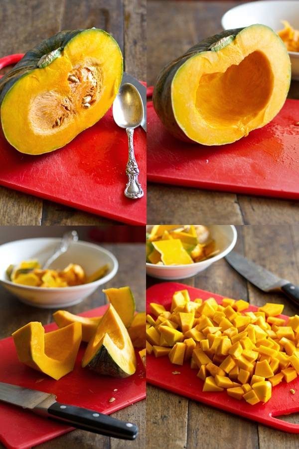 Steps to cutting and peeling a kabocha squash.