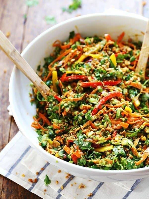 Chopped Thai Salad with Sesame Garlic Dressing - a rainbow of power veggies tossed with a simple made-from-scratch Thai dressing. 390 calories. | pinchofyum.com